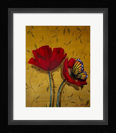 Framed Red Poppies With Yellow Butterfly Print