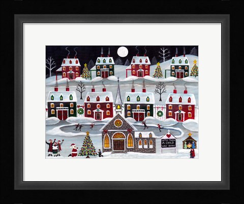 Framed Child is Born Christmas Skating Village Print