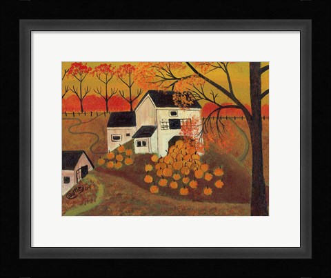 Framed Pumpkin Barn Autumn Folk Art Print
