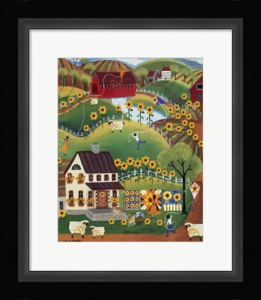 Framed Primitive Quilt Maker House Sunflower Sheep Print