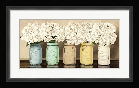 Framed Hydrangeas in Mason Jars Print