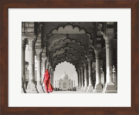 Framed Woman in traditional Sari walking towards Taj Mahal (BW) Print