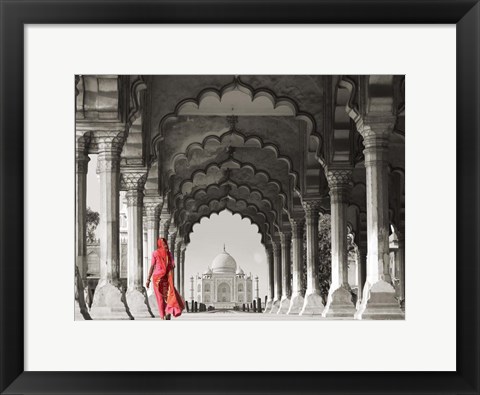 Framed Woman in traditional Sari walking towards Taj Mahal (BW) Print