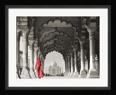 Framed Woman in traditional Sari walking towards Taj Mahal (BW) Print