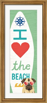 Framed Beach Bums Pug Surf Board Print