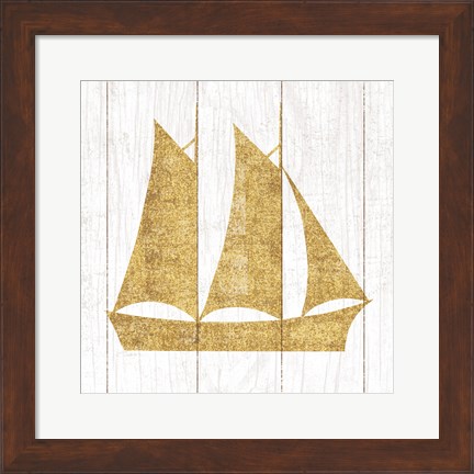 Framed Beachscape V Boat Gold Neutral Print