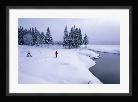 Framed Snowshoeing on the Shores of Second Connecticut Lake, Northern Forest, New Hampshire Print