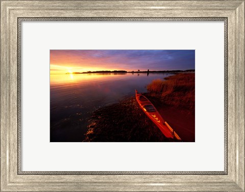 Framed Kayak and Sunrise in Little Harbor in Rye, New Hampshire Print
