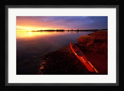 Framed Kayak and Sunrise in Little Harbor in Rye, New Hampshire Print