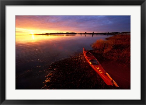 Framed Kayak and Sunrise in Little Harbor in Rye, New Hampshire Print