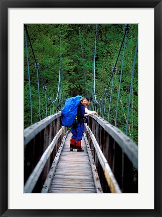 Framed Hikers on a Footbridge Across Pemigewasset River, New Hampshire Print