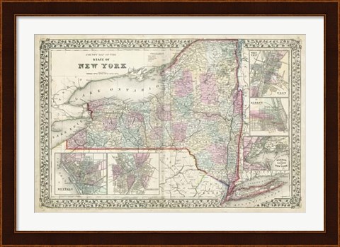 Framed Johnson&#39;s Map of New York Print