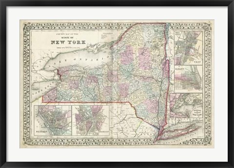 Framed Johnson&#39;s Map of New York Print