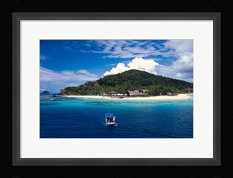 Framed Boat Approaching Castaway Island Resort, Mamanuca Islands, Fiji Print