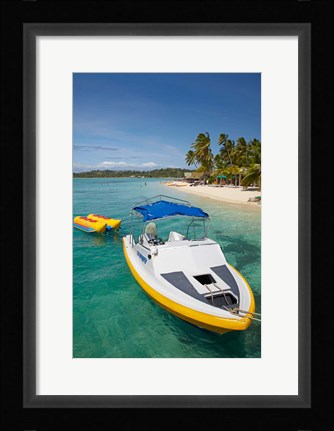 Framed Powerboat and banana boat, Plantation Island Resort, Malolo Lailai Island, Mamanuca Islands, Fiji Print