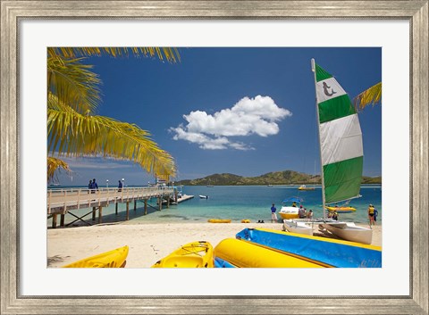 Framed Jetty, boats and hobie cat, Plantation Island Resort, Malolo Lailai Island, Mamanuca Islands, Fiji Print