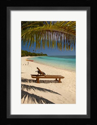 Framed Beach, palm trees and lounger, Plantation Island Resort, Fiji Print