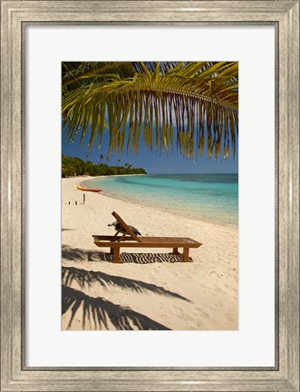 Framed Beach, palm trees and lounger, Plantation Island Resort, Fiji Print