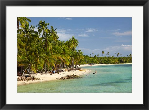 Framed Beach, palm trees and beachfront bures, Plantation Island Resort, Malolo Lailai Island, Mamanuca Islands, Fiji Print