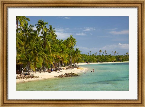 Framed Beach, palm trees and beachfront bures, Plantation Island Resort, Malolo Lailai Island, Mamanuca Islands, Fiji Print
