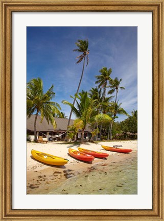 Framed Kayak on the beach, and waterfront bure, Mamanuca Islands, Fiji Print