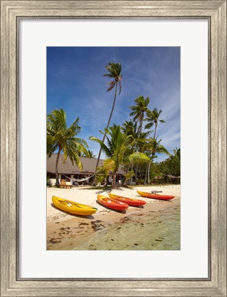 Framed Kayak on the beach, and waterfront bure, Mamanuca Islands, Fiji Print
