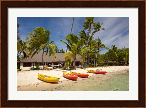 Framed Kayak on the beach, and waterfront bure, Plantation Island Resort, Malolo Lailai Island, Mamanuca Islands, Fiji Print