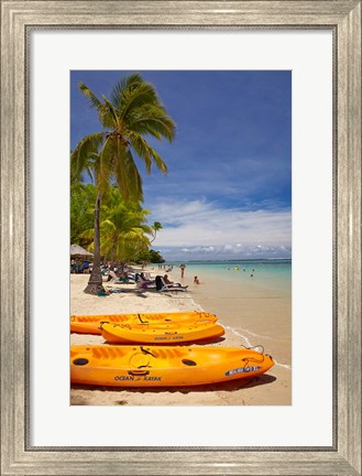 Framed Kayaks and beach, Shangri-La Fijian Resort, Yanuca Island, Coral Coast, Viti Levu, Fiji Print