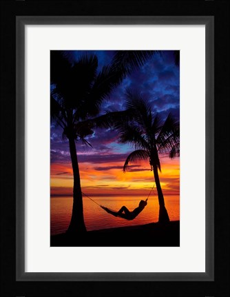 Framed Woman in hammock, and palm trees at sunset, Coral Coast, Viti Levu, Fiji Print