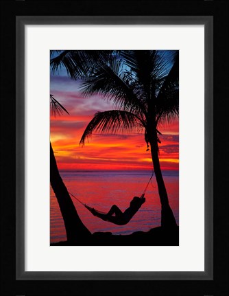 Framed Woman in hammock, and palm trees at sunset, Fiji Print
