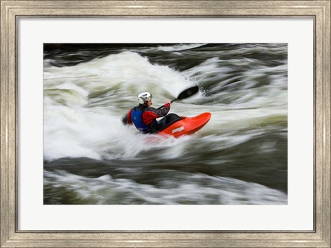 Framed Kayaker plays in a hole in Tariffville Gorge, Farmington River in Tariffville, Connecticut Print
