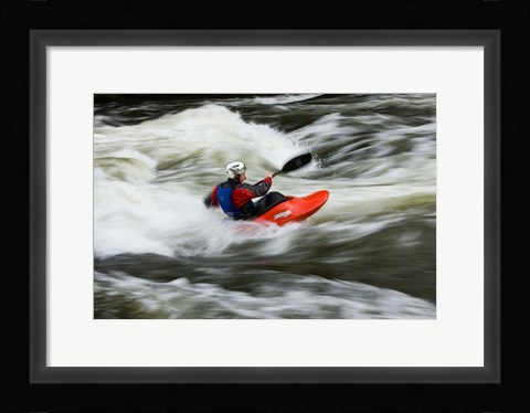 Framed Kayaker plays in a hole in Tariffville Gorge, Farmington River in Tariffville, Connecticut Print