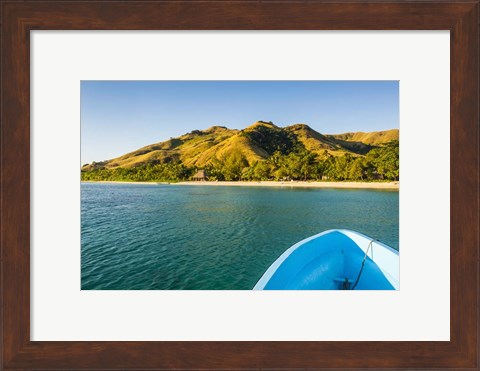 Framed Blue boat cruising through the Yasawa, Fiji, South Pacific Print