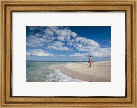 Framed Woman walking on white sand beach of Beachcomber Island, Mamanucas Islands, Fiji Print