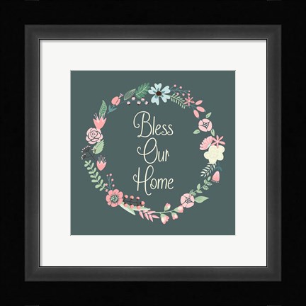 Framed Bless Our Home Floral Teal Print