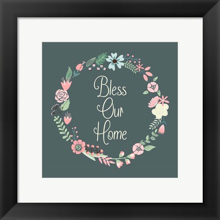 Framed Bless Our Home Floral Teal Print
