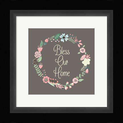 Framed Bless Our Home Floral Brown Print