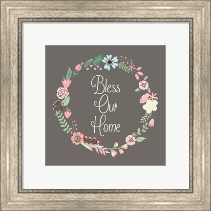 Framed Bless Our Home Floral Brown Print