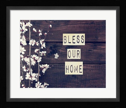 Framed Bless Our Home Flowers on Wood Background Print