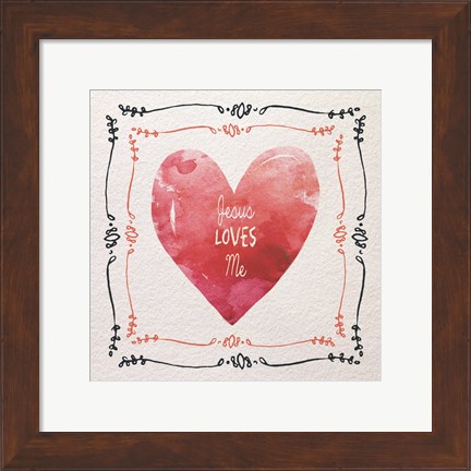 Framed Watercolor Heart Jesus Loves Me Print