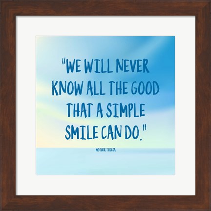 Framed Simple Smile - Mother Teresa Quote (Blue) Print