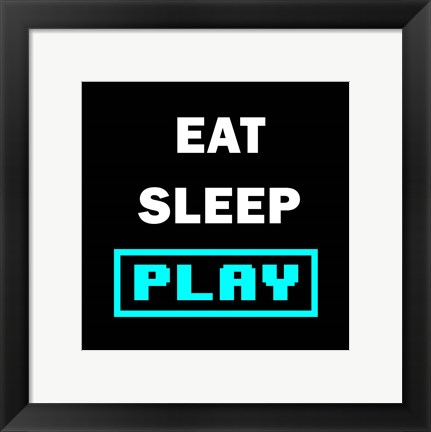 Framed Eat Sleep Play - Black with Blue Text Print
