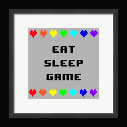 Framed Eat Sleep Game -  Gray with Pixel Hearts Print