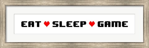 Framed Eat Sleep Game -  White Panoramic with Pixel Hearts Print