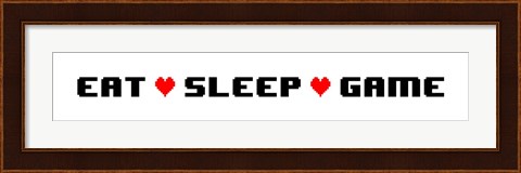 Framed Eat Sleep Game -  White Panoramic with Pixel Hearts Print