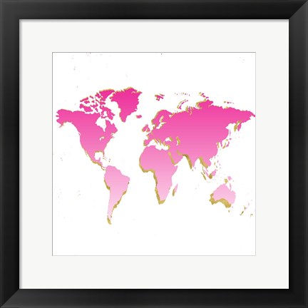 Framed World Map Pink &amp; Gold Print
