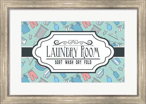 Framed Laundry Room Sign Green Pattern Print