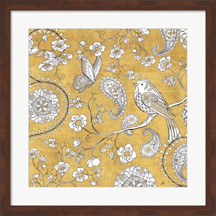 Framed Color my World Bird Paisley I Gold Print