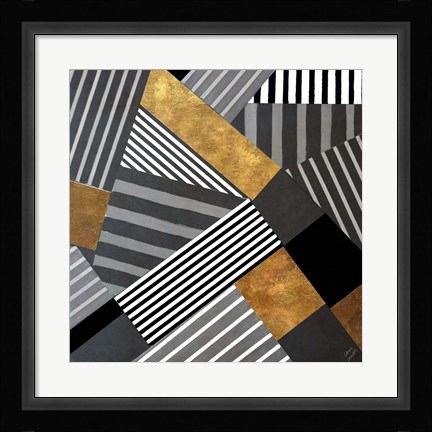 Framed Geo Stripes in Gold &amp; Black II Print