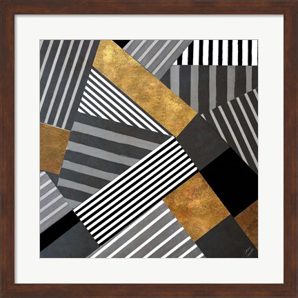 Framed Geo Stripes in Gold &amp; Black II Print
